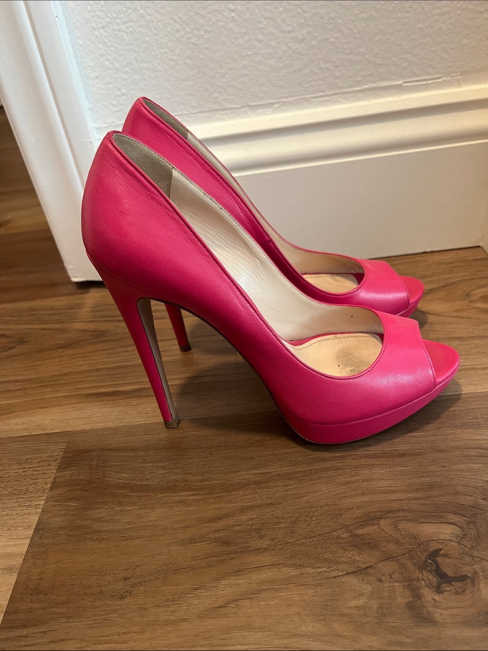 Prada Coral Pink Open-Toe Leather Heels